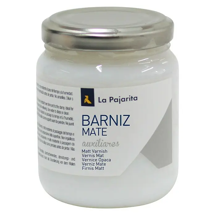 La Pajarita Barniz - incoloro, 175 ml, Mate - Imagen de una lata de Barniz Mate La Pajarita, ideal para proyectos de arte. Protege contra la humedad y el amarilleo.
