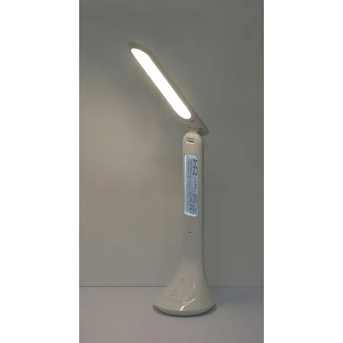 Globo LED-Tischleuchte - 4 W, L x B x H: 20 x 9 x 42,5 cm, Weiß, Neutralweiß - Eine moderne, weiße Schreibtischlampe mit digitaler Anzeige für Uhrzeit, Datum und Temperatur, die ein helles, warmes Licht ausstrahlt.