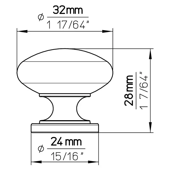 Siro Möbelknopf - Typ Möbelgriff: Knopf, Sonstige, Sonstige, Durchmesser: 33 mm - Produktskizze eines Knopfes mit den Maßen 32 mm Durchmesser und 28 mm Höhe, Basisdurchmesser 24 mm.