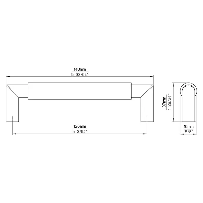 Siro Möbelgriff - Typ Möbelgriff: Bügel, Sonstige, Sonstige, Schwarz, Länge: 140 mm - Technische Zeichnung eines Möbelgriffs mit Maßangaben zu Länge (140mm), Lochabstand (128mm), Höhe (37mm) und Breite (16mm).