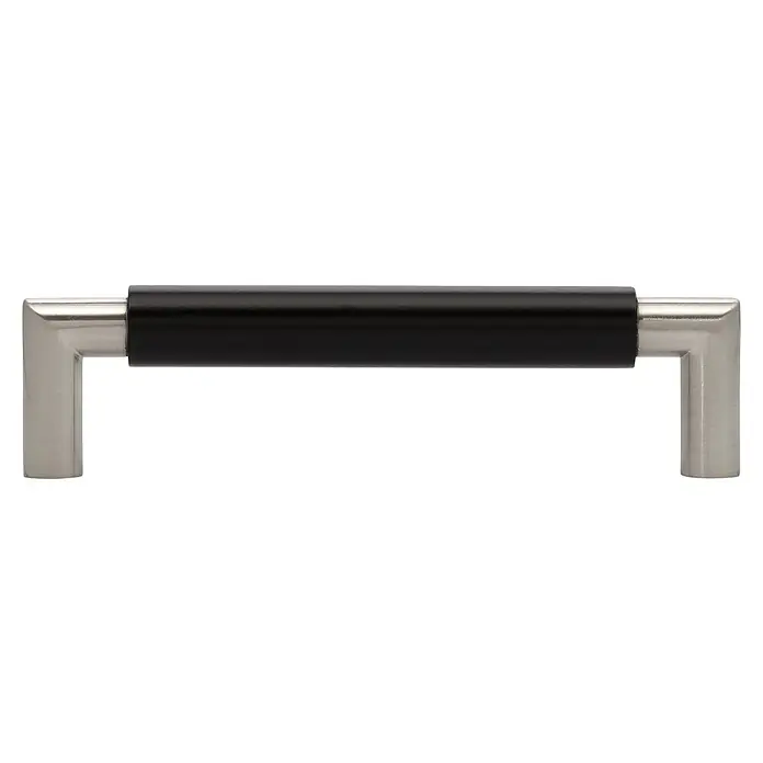 Siro Möbelgriff - Typ Möbelgriff: Bügel, Sonstige, Sonstige, Schwarz, Länge: 140 mm - Elegante Möbelgriff-Nahaufnahme: Silberne Halterungen umschließen einen stilvollen, schwarzen Griff, der jedem Design einen Hauch von moderner Klasse verleiht.
