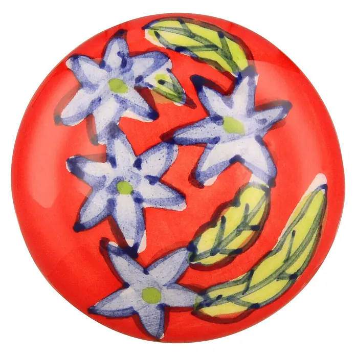 Siro Möbelknopf - Typ Möbelgriff: Knopf, Sonstige, Sonstige, Rot/Blau - Keramikknopf mit Blumenmuster. Der runde Knopf in Rot mit Blumen und Blättern verziert, ideal für Möbel.