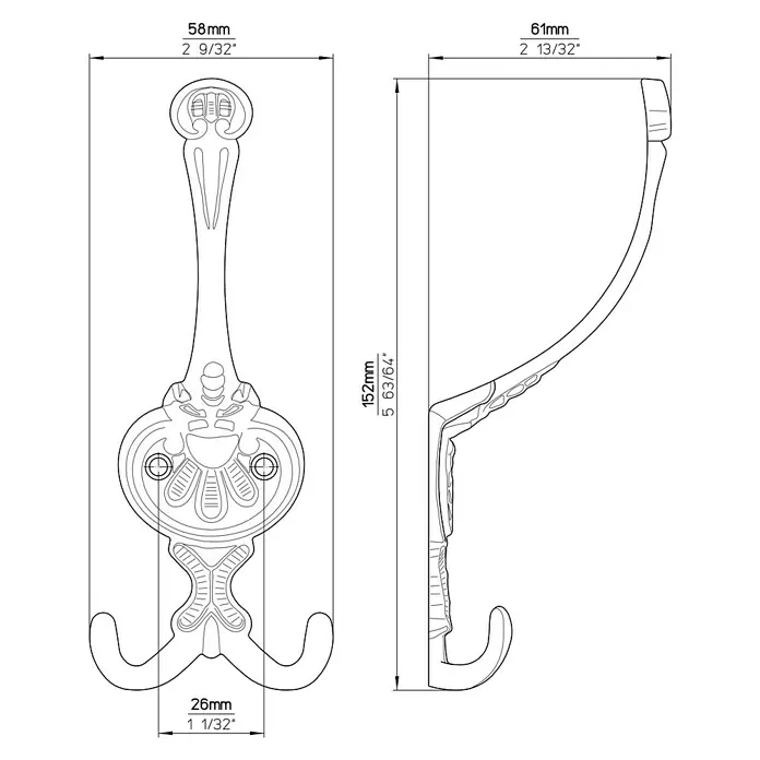 Siro Garderobenhaken 504/ZN10 - L x B x H: 57 x 151 x 59 mm, Anzahl Haken: 3 Stk. - Abbildung eines dreifachen Kleiderhakens mit detaillierten Abmessungen für Montage und Design, einschließlich Höhe, Breite und Tiefe.