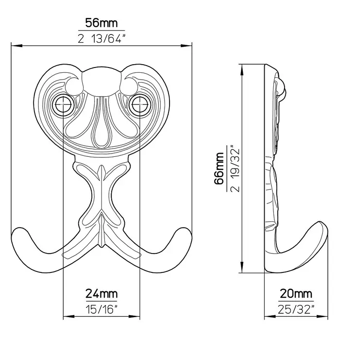Siro Garderobenhaken - L x B x H: 56 x 66 x 20 mm, Anzahl Haken: 2 Stk., Messing antik - Abbildung eines detaillierten Wandhakens mit Maßen.