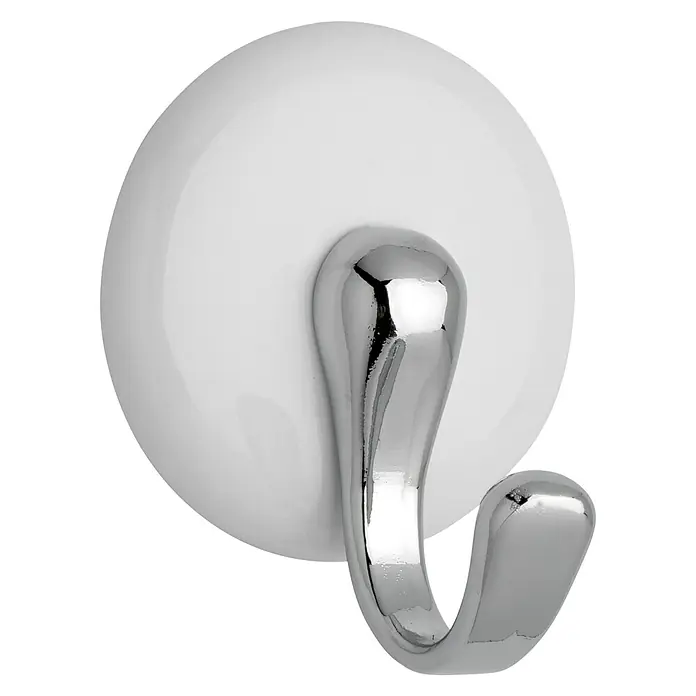 Siro Garderobenhaken SP6845ZN1 - L x B x H: 37 x 44,5 x 31 mm, Anzahl Haken: 1 Stk. - Ein einzelner, runder, weißer Wandhaken mit einem glänzenden, silberfarbenen Metallhaken zum Aufhängen von Gegenständen.