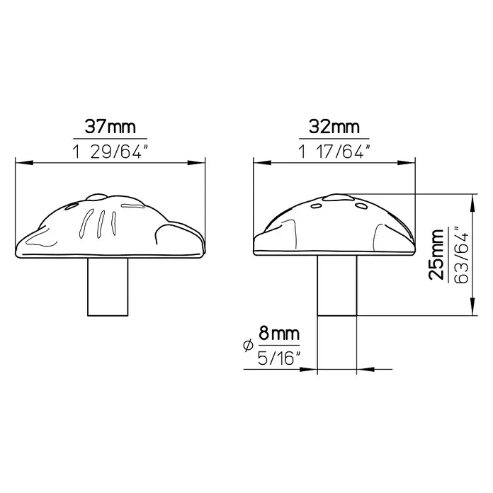 Siro Kinder-Möbelknopf - Katze, L x B: 36,5 x 32,5 mm, Silber - Produktzeichnung eines Möbelknaufs mit Abmessungen, inklusive Durchmesser von 8 mm, Höhe von 25 mm und Breiten von 37 mm und 32 mm.