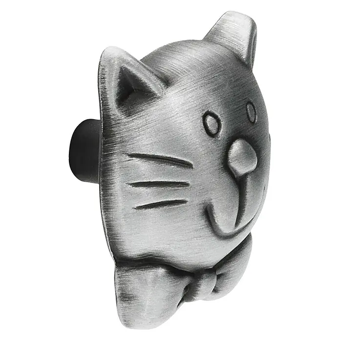 Siro Kinder-Möbelknopf - Katze, L x B: 36,5 x 32,5 mm, Silber - Metallknopf in Katzenform mit einem kleinen Knopf auf der Rückseite, ideal zum Dekorieren von Möbeln und Schubladen.