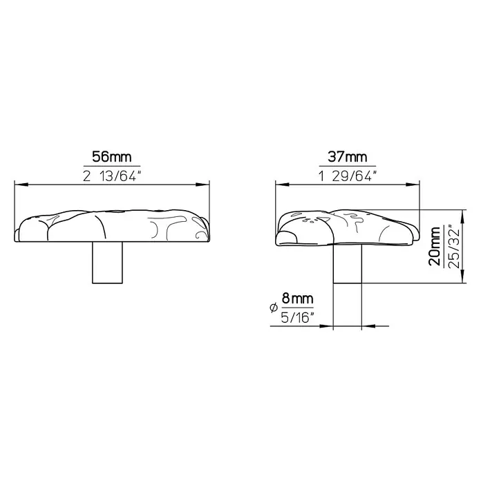 Siro Kinder-Möbelknopf - Hund, L x B: 56 x 37,5 mm, Silber - Technische Zeichnung eines Möbelknopfs mit Maßangaben, einschließlich Durchmesser und Länge des Knopfes und der Befestigung.