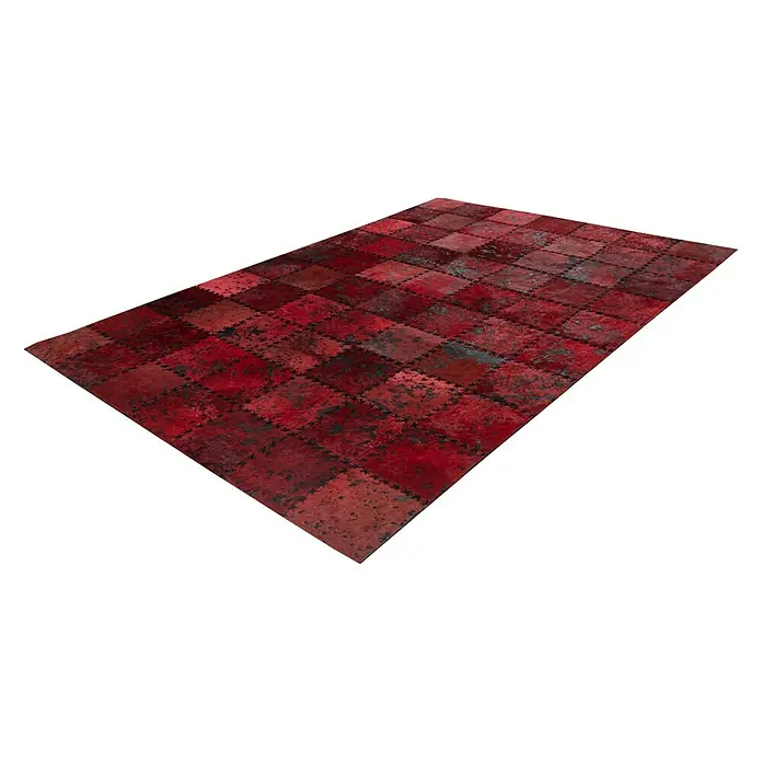 Kayoom Lederteppich Viola - Rot, 290 x 200 cm, 100 % Echtleder - Dieser Teppich in Patchwork-Optik mit roten Farbtönen verleiht jedem Raum einen rustikalen und gemütlichen Touch. Seine einzigartige Optik fällt auf.