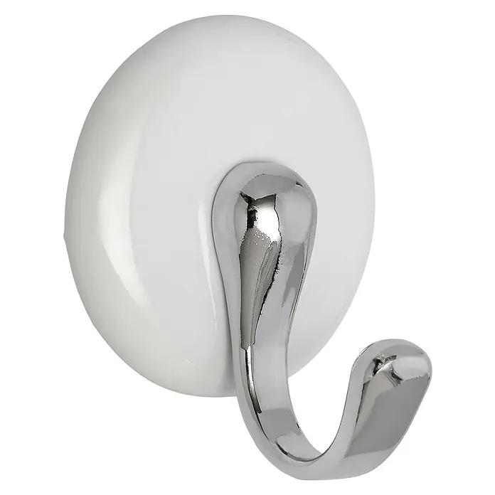 Siro Garderobenhaken SP6845ZN1 - L x B x H: 37 x 44,5 x 31 mm, Anzahl Haken: 1 Stk. - Nahaufnahme eines einzelnen, glänzenden, verchromten Kleiderhakens mit weißer, runder Basis vor schwarzem Hintergrund.