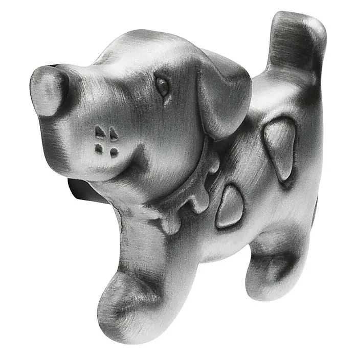 Siro Kinder-Möbelknopf - Hund, L x B: 56 x 37,5 mm, Silber - Silberne Hundefigur mit Halsband und Flecken auf dem Fell. Eine dekorative und charmante Ergänzung für jedes Zuhause.
