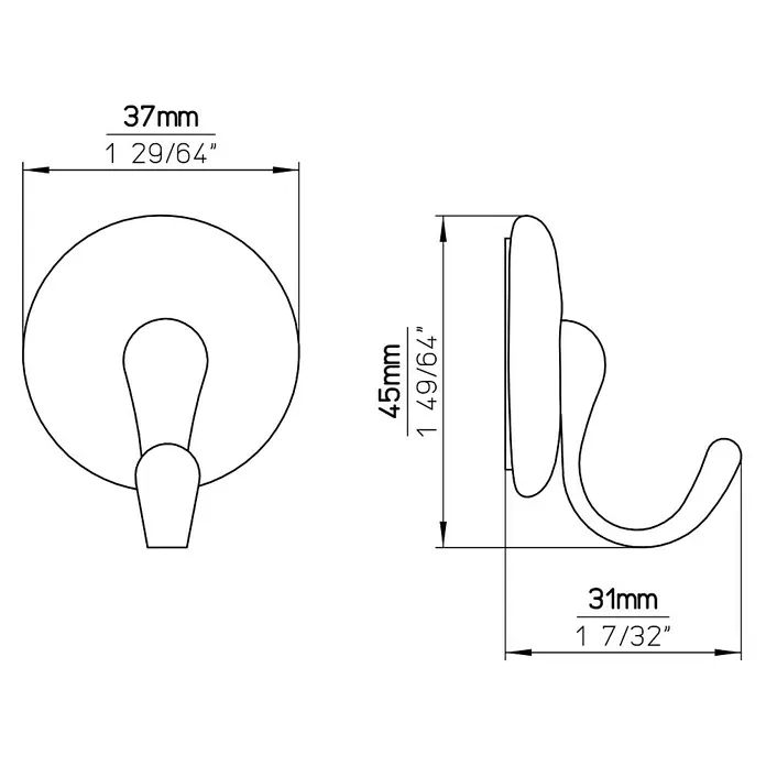 Siro Garderobenhaken SP6845ZN1 - L x B x H: 37 x 44,5 x 31 mm, Anzahl Haken: 1 Stk. - Technische Zeichnung eines Mantelhaken Designs mit Maßangaben.