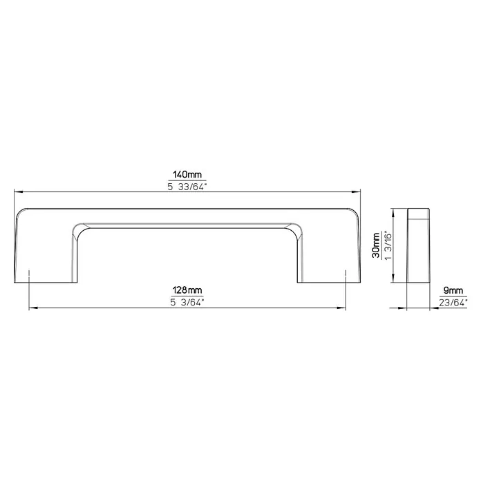Siro Möbelgriff - Typ Möbelgriff: Bügel, Stahl, Sonstige, Silber, Länge: 140 mm - Technische Zeichnung eines Möbelgriffs mit Maßangaben: 140 mm Länge, 128 mm Lochabstand, 30 mm Höhe und 9 mm Dicke.