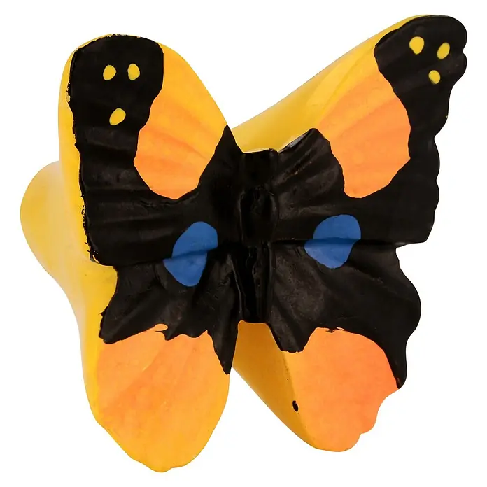 Siro Kinder-Möbelknopf - Typ Möbelgriff: Sonstige, Kunststoff, Sonstige, Ausführungseigenschaft: Schmetterling, Gelb/Schwarz - Ein detailreicher, gelber Schrankknopf in Form eines Schmetterlings mit schwarzen und orangefarbenen Flügeln.