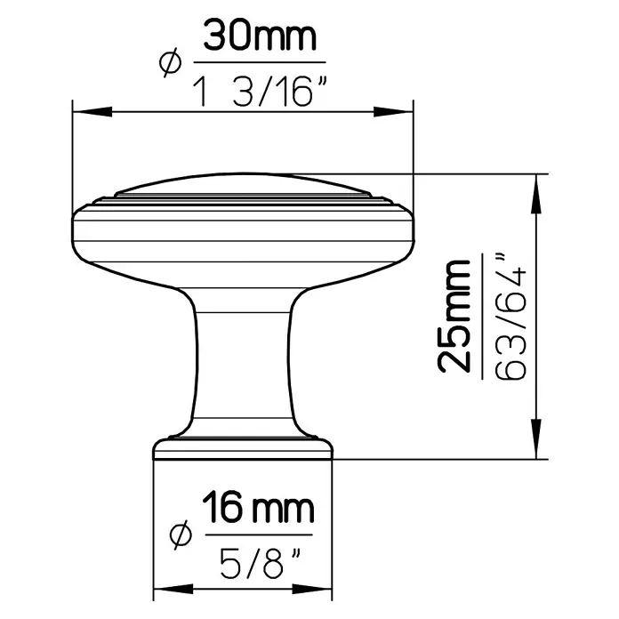 Siro Möbelknopf - Typ Möbelgriff: Knopf, Sonstige, Sonstige, Durchmesser: 30 mm, Silber - Detailzeichnung eines Möbelknopfs mit Maßangaben: Durchmesser oben 30mm, Höhe 25mm, Durchmesser unten 16mm.