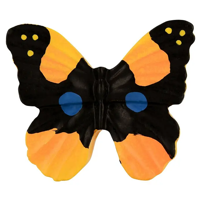 Siro Kinder-Möbelknopf - Typ Möbelgriff: Sonstige, Kunststoff, Sonstige, Ausführungseigenschaft: Schmetterling, Gelb/Schwarz - Eine Nahaufnahme eines Schmetterlings mit gelben und schwarzen Flügeln und blauen Punkten in der Mitte.