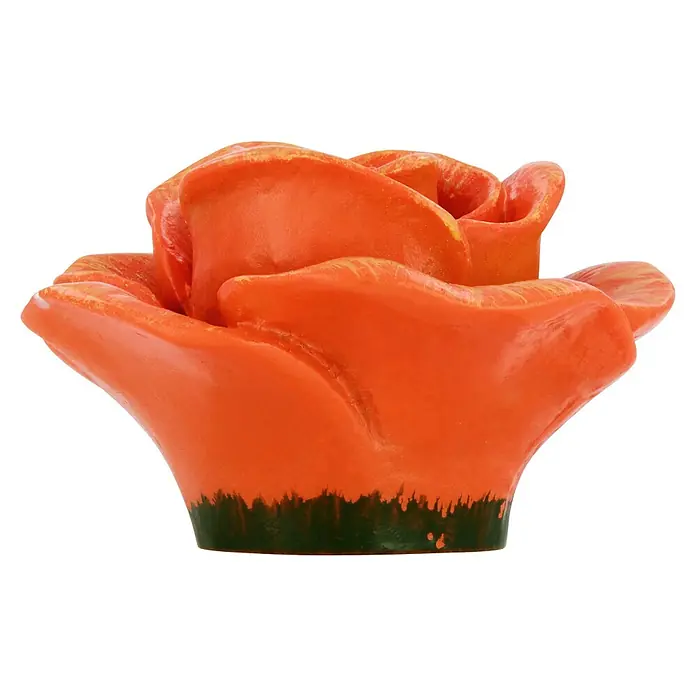 Siro Möbelknopf - Typ Möbelgriff: Knopf, Kunststoff, Sonstige, Ausführungseigenschaft: Blume - Nahaufnahme einer orangefarbenen Rosenkerze mit grünen Akzenten am unteren Rand, ideal für stimmungsvolle Beleuchtung.