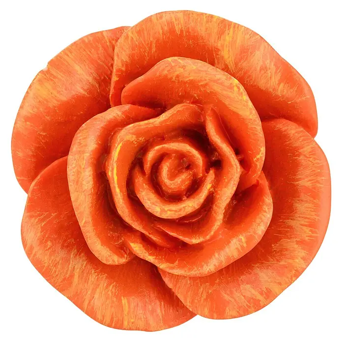 Siro Möbelknopf - Typ Möbelgriff: Knopf, Kunststoff, Sonstige, Ausführungseigenschaft: Blume - Nahaufnahme einer orangefarbenen Rosenblüte mit komplizierten, gewirbelten Blütenblättern und einer strukturierten Oberfläche vor schwarzem Hintergrund.