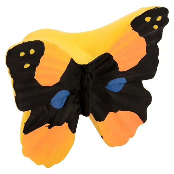 Siro Kinder-Möbelknopf - Typ Möbelgriff: Sonstige, Kunststoff, Sonstige, Ausführungseigenschaft: Schmetterling, Gelb/Schwarz - Nahaufnahme eines handbemalten Schmetterlings aus Keramik, der Gelb-, Orange-, Schwarz- und Blautöne aufweist und eine charmante Dekoration darstellt.