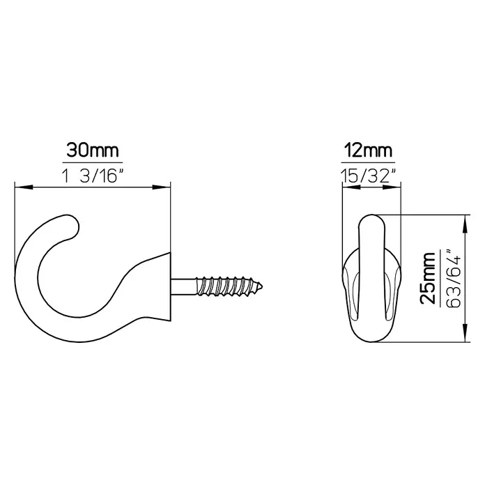 Siro Garderobenhaken-Set H033-25A4V3 - L x B x H: 11,5 x 30 x 25 mm, 3 Stk. - Produktdiagramm einer Hakenbefestigung mit Schraube und Größenangaben in Millimetern und Zoll für technische Details.