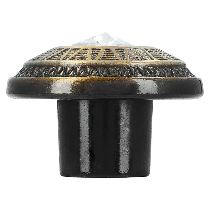 Siro Möbelknopf - Typ Möbelgriff: Knopf, Sonstige, Sonstige, Goldgelb, Durchmesser: 41 mm - Nahaufnahme eines Möbelknopfs mit Kristallspitze und antikem Bronzedesign, der eine elegante und luxuriöse Note für jedes Möbelstück bietet.