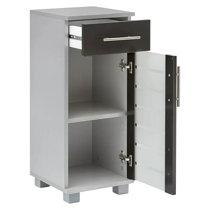 Schildmeyer Niko Unterschrank - 30 x 32,5 x 75 cm, Silber/Anthrazit - Grauer Nachttisch mit dunkler Schublade und offener Tür, der Stauraum bietet und ein modernes Design aufweist.
