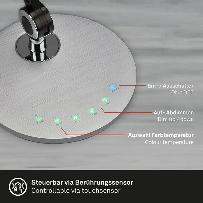 Brilo LED-Tischleuchte Office - 7 W, Ø x H: 20 x 74 cm, Silber, Warmweiß - Nahaufnahme der Touch-Sensoren zur Steuerung der Tischleuchte, inklusive Ein/Aus, Dimmfunktion und Farbtemperaturwahl.