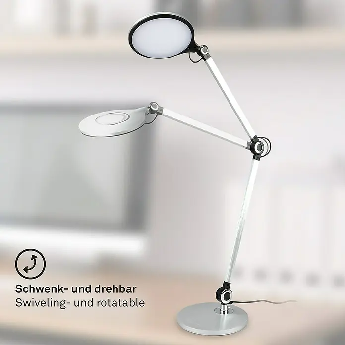 Brilo LED-Tischleuchte Office - 7 W, Ø x H: 20 x 74 cm, Silber, Warmweiß - Schwenk- und drehbare LED-Schreibtischlampe mit silbernem Standfuß und verstellbarem Arm für optimale Ausleuchtung des Arbeitsbereichs.