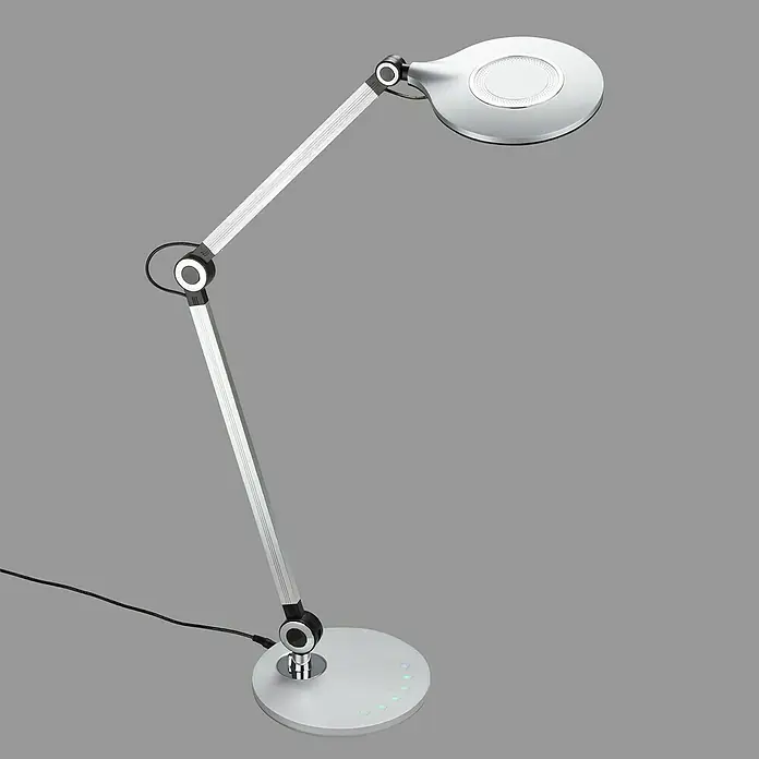 Brilo LED-Tischleuchte Office - 7 W, Ø x H: 20 x 74 cm, Silber, Warmweiß - Eine moderne Schreibtischleuchte in Silber mit rundem Lampenkopf und verstellbarem Arm, ideal für Arbeitsplätze und Schreibtische.