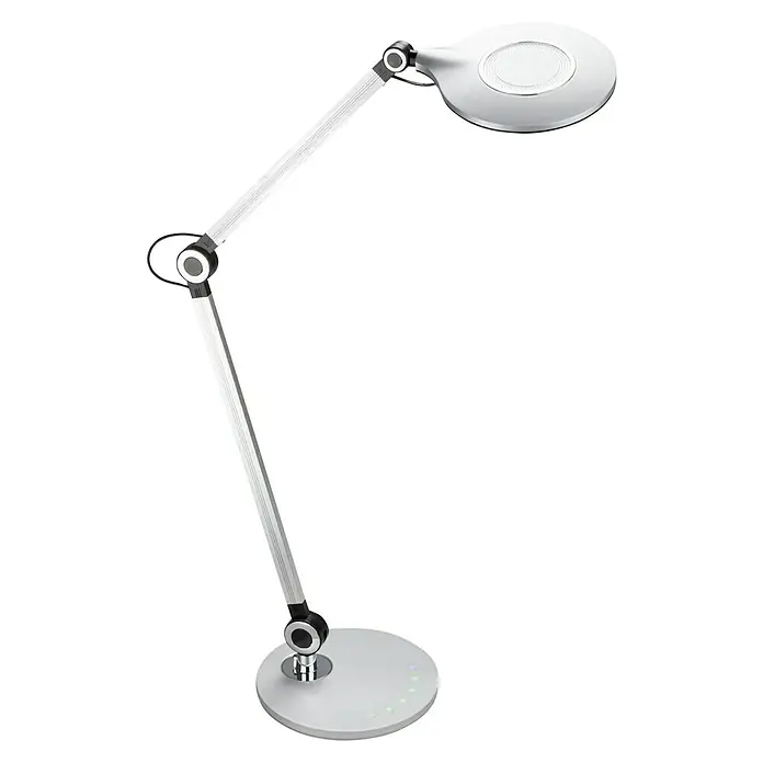 Brilo LED-Tischleuchte Office - 7 W, Ø x H: 20 x 74 cm, Silber, Warmweiß - Eine moderne, silberne Schreibtischleuchte mit verstellbarem Arm und runder LED-Leuchte, ideal für Büro oder Arbeitszimmer.
