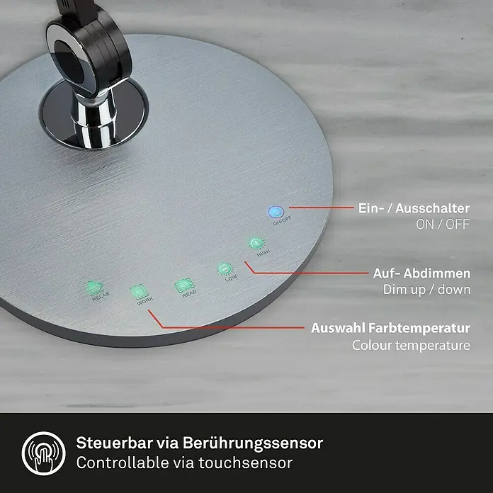 Brilo LED-Tischleuchte Office - 7 W, Ø x H: 20 x 74 cm, Anthrazit, Warmweiß - Nahaufnahme einer Touch-Sensor-Tischleuchte mit verschiedenen Lichteinstellungen und Helligkeitsstufen, die eine komfortable Nutzung ermöglicht.