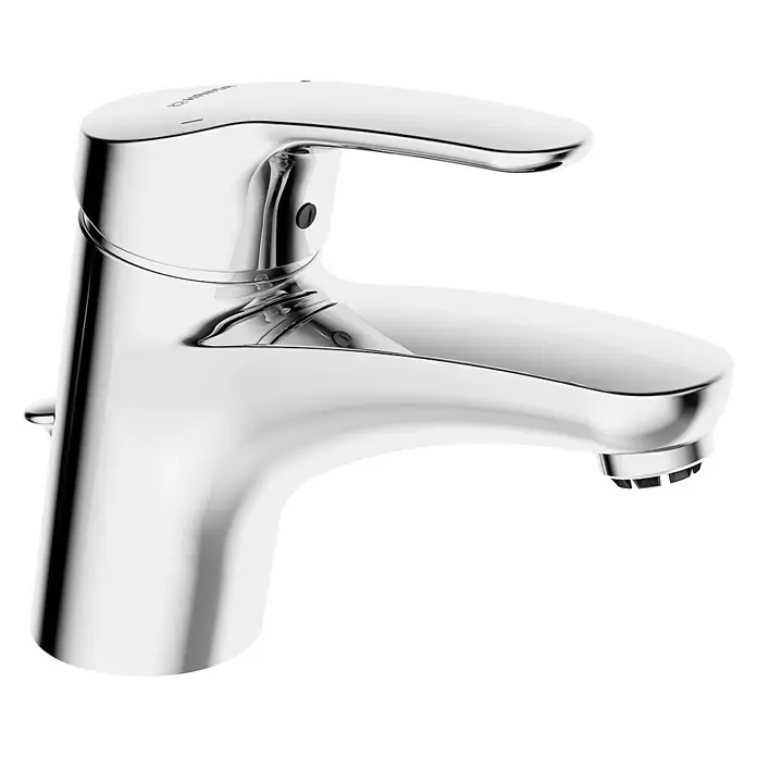 Hansa Mix Waschtischarmatur - Niederdruck, Mit Zugstange, Chrom, Glänzend - Nahaufnahme eines glänzenden, verchromten Waschbeckenhahns mit elegantem Design für moderne Badezimmer.