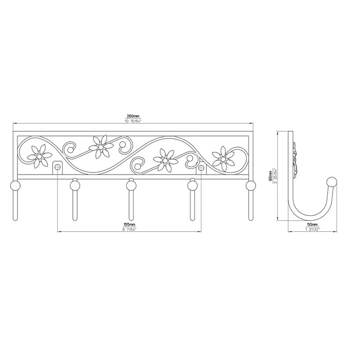 Siro Garderobenleiste 2165-260PB12JE 8 - L x B x H: 260 x 90 x 50 mm, Anzahl Haken: 5 Stk., Schwarz/Blau - Eine stilisierte Zeichnung einer dekorativen Wandgarderobe mit floralen Elementen und fünf Haken, inklusive Maßangaben.