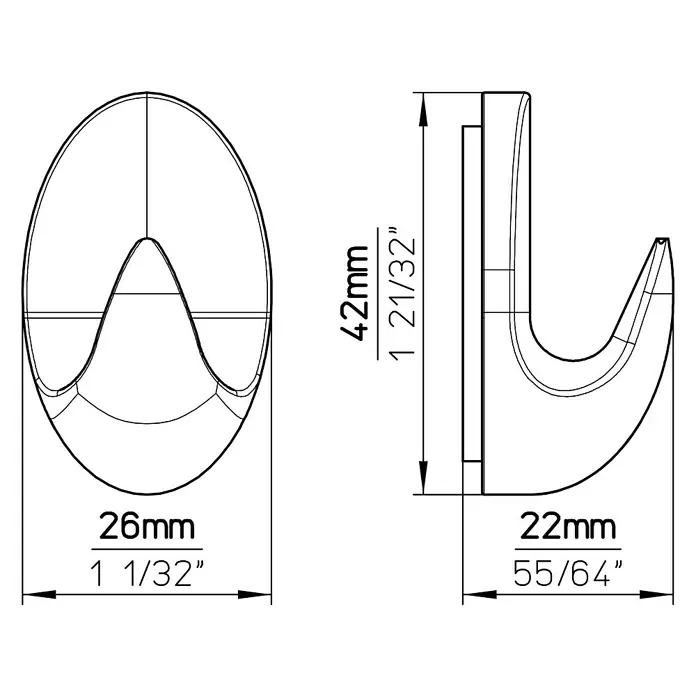 Siro Handtuchhaken - L x B x H: 26 x 42 x 22 mm, Anzahl Haken: 1 Stk. - Technische Zeichnung einer Wandhaken-Konstruktion mit Maßangaben in Millimetern und Zoll.
