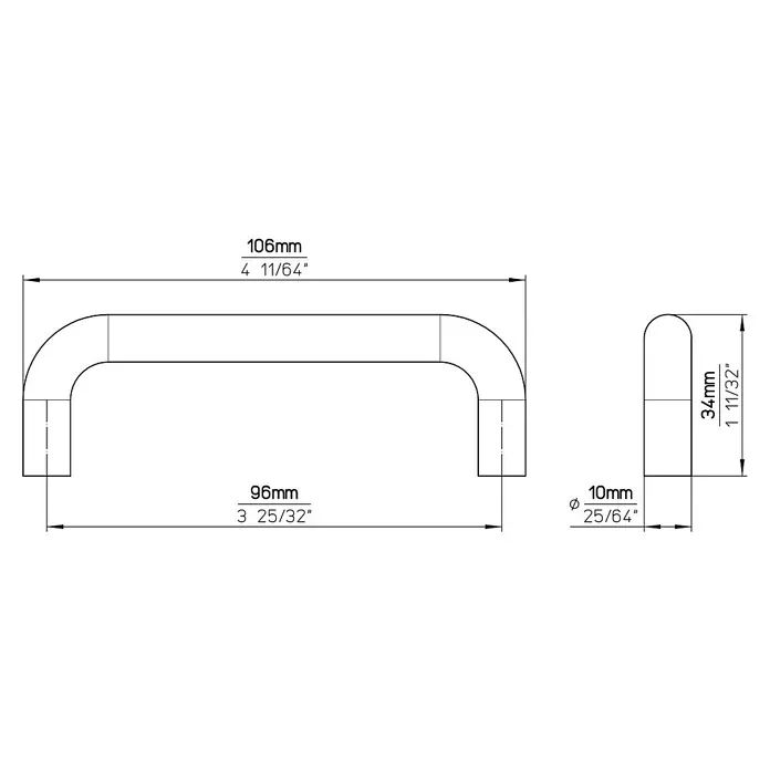 Siro Möbelgriff-Set - 2 Stk., Typ Möbelgriff: Bügel, Kunststoff, Länge: 106 mm - Abbildung eines Bügelgriffs mit Maßangaben in Millimetern und Zoll für technische Details.