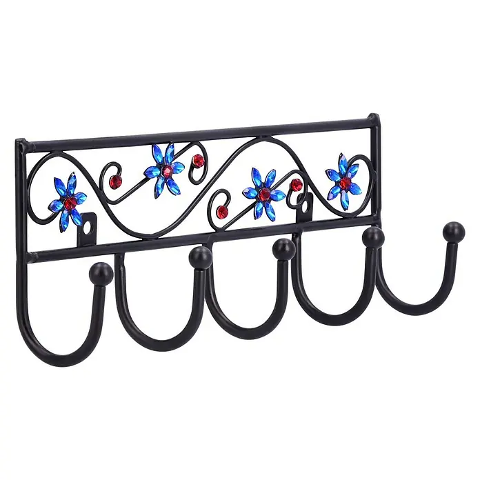 Siro Garderobenleiste 2165-260PB12JE 8 - L x B x H: 260 x 90 x 50 mm, Anzahl Haken: 5 Stk., Schwarz/Blau - Ein eleganter Kleiderhaken mit floralem Design und farbigen Schmucksteinen. Ideal zur stilvollen Aufbewahrung von Jacken und Accessoires.