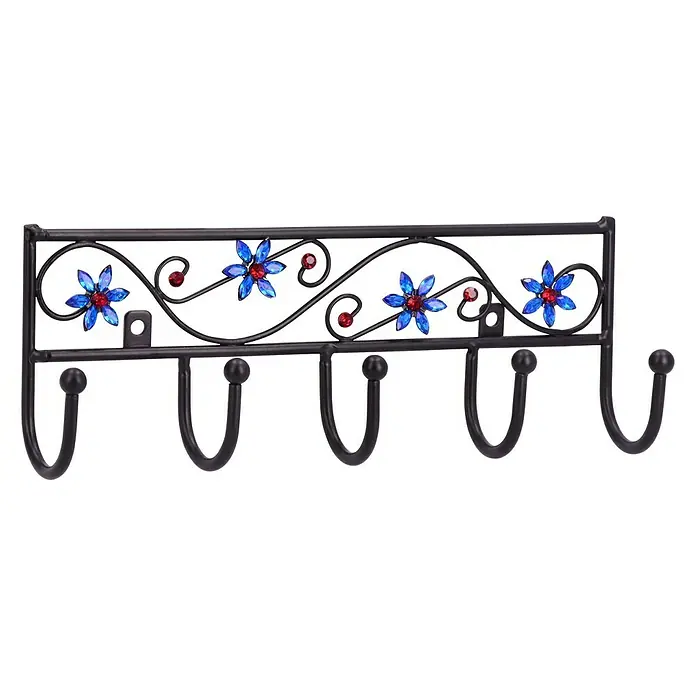 Siro Garderobenleiste 2165-260PB12JE 8 - L x B x H: 260 x 90 x 50 mm, Anzahl Haken: 5 Stk., Schwarz/Blau - Eleganter Wandhaken mit floralem Design und roten und blauen Akzenten. Praktisch und dekorativ für jeden Raum.