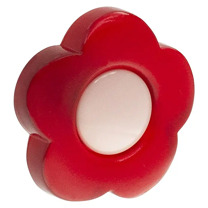 Siro Kinder-Möbelknopf - Typ Möbelgriff: Sonstige, Kunststoff, Sonstige, Blume, Rot/Rosa - Nahaufnahme einer roten, blütenförmigen Kunststoffzierde mit einem weißen, kreisförmigen Zentrum, die einen verspielten Akzent setzt.