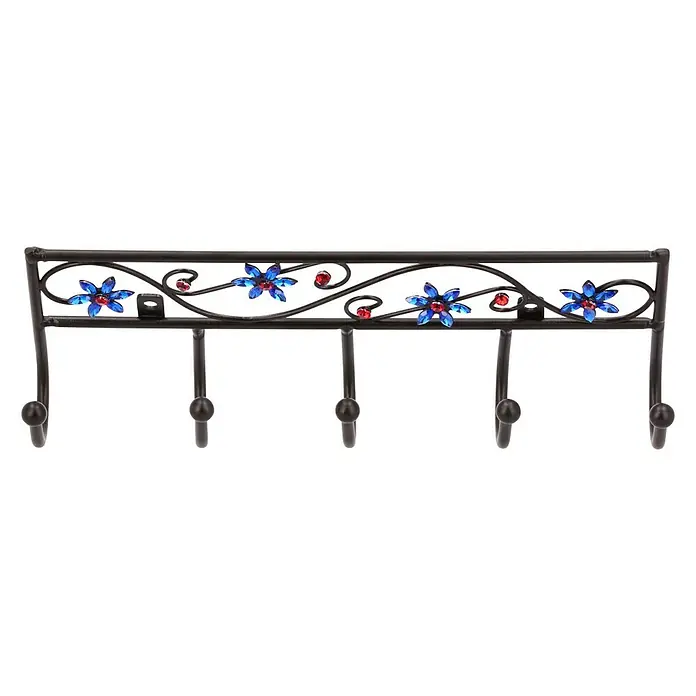 Siro Garderobenleiste 2165-260PB12JE 8 - L x B x H: 260 x 90 x 50 mm, Anzahl Haken: 5 Stk., Schwarz/Blau - Elegante Wandgarderobe mit floralen Akzenten und fünf Haken, ideal für stilvolle Ordnung in jedem Raum.
