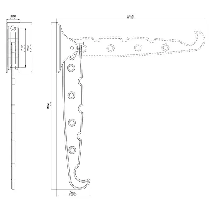 Siro Kleiderlüfter H200-280A - Weiß - Technische Zeichnung eines Fensterfeststellers mit Maßangaben in Millimetern und Zoll zur detaillierten Darstellung der Abmessungen.