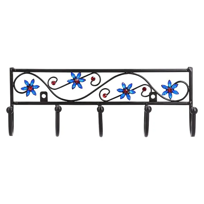 Siro Garderobenleiste 2165-260PB12JE 8 - L x B x H: 260 x 90 x 50 mm, Anzahl Haken: 5 Stk., Schwarz/Blau - Eine dekorative, schwarze Wandgarderobe mit fünf Haken, verziert mit blauen Blumen und roten Akzenten für eine stilvolle Aufbewahrung.