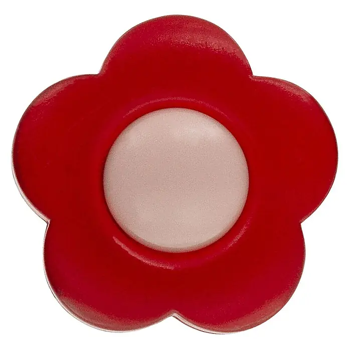 Siro Kinder-Möbelknopf - Typ Möbelgriff: Sonstige, Kunststoff, Sonstige, Blume, Rot/Rosa - Nahaufnahme einer roten, blütenförmigen Brosche mit einem hellrosa Mittelpunkt vor einem schwarzen Hintergrund.