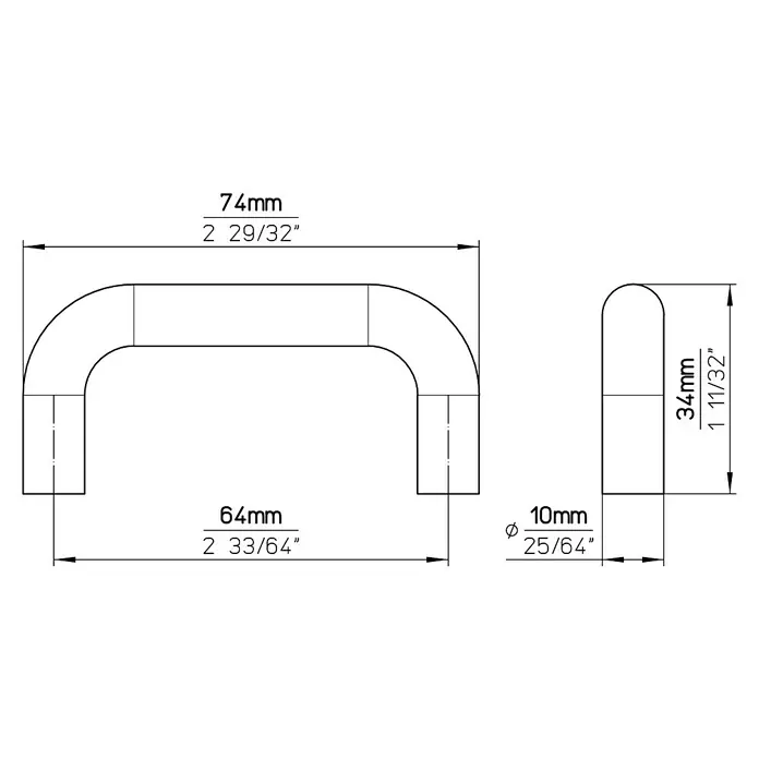 Siro Möbelgriff-Set - 2 Stk., Typ Möbelgriff: Bügel, Kunststoff, Länge: 74 mm - Technische Zeichnung eines U-förmigen Möbelgriffs mit Maßangaben in Millimetern und Zoll für Design und Produktion.