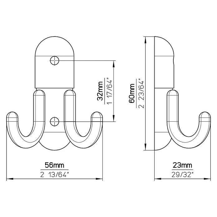 Siro Garderobenhaken 1786/PB1 - L x B x H: 56 x 60 x 23 mm, Anzahl Haken: 2 Stk. - Technische Zeichnung eines dreifachen Kleiderhakens mit Maßangaben in Millimetern und Zoll.