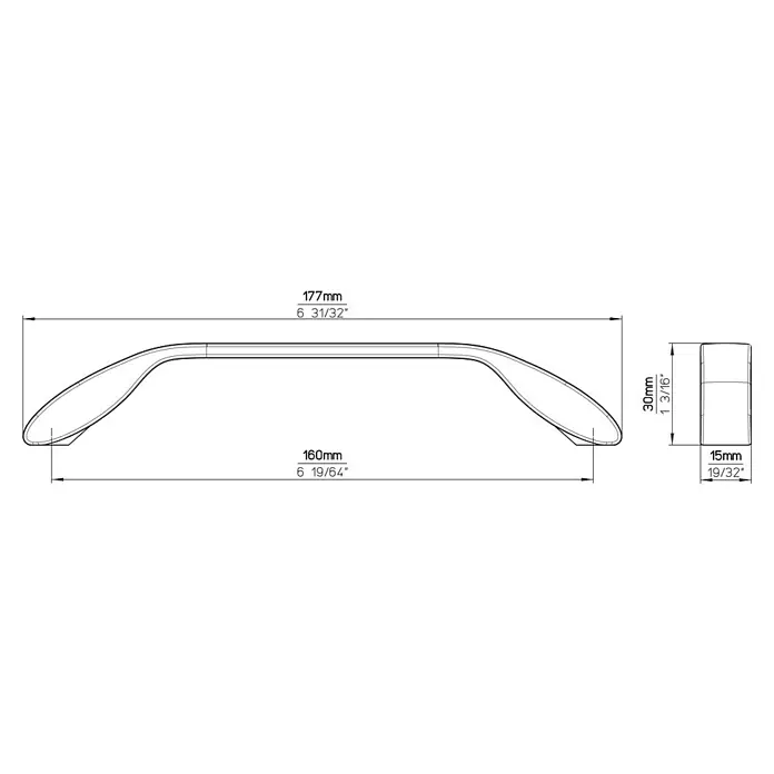 Siro Möbelgriff - Typ Möbelgriff: Bügel, Sonstige, Vernickelt, B x L: 15 x 177 mm - Abbildung eines Türgriffs mit den Maßen 177 mm Länge, 30 mm Höhe und 15 mm Breite, dargestellt in einer technischen Zeichnung.