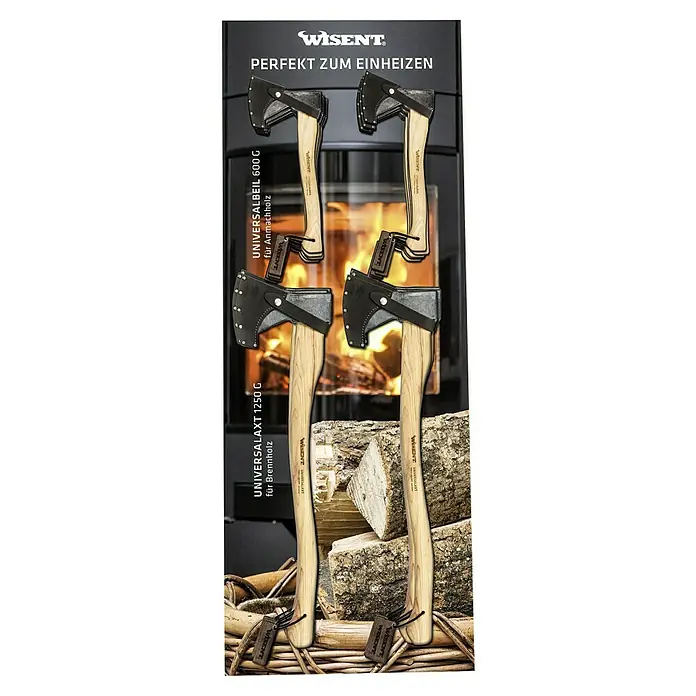Wisent Universalaxt - Gewicht Kopf: 1.250 g, Länge Stiel: 700 mm - Produktfoto von zwei Wisent Äxten, eine Universalbeil 600 G und eine Universal Axt 1250 G, perfekt zum Einheizen und Brennholz hacken.