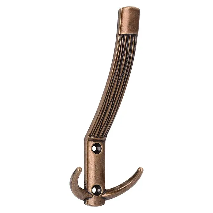 Siro Garderobenhaken 2213/ZN58 - L x B x H: 60 x 148 x 66 mm, Anzahl Haken: 3 Stk., Bronze - Nahaufnahme eines bronzefarbenen Mantelhaken mit dekorativem Design und zwei Haken, ideal für stilvolle Aufbewahrungslösungen.