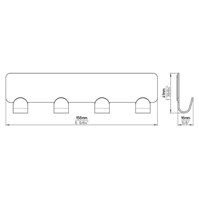 Siro Hakenleiste 2178-156ZN4KV1S - L x H: 156 x 16 mm, Anzahl Haken: 4 Stk., Vernickelt matt - Produktdarstellung: Eine Wandgarderobe mit vier Haken und den Maßen 156mm Länge und 41mm Höhe. Robustes Design für Jacken und Accessoires.