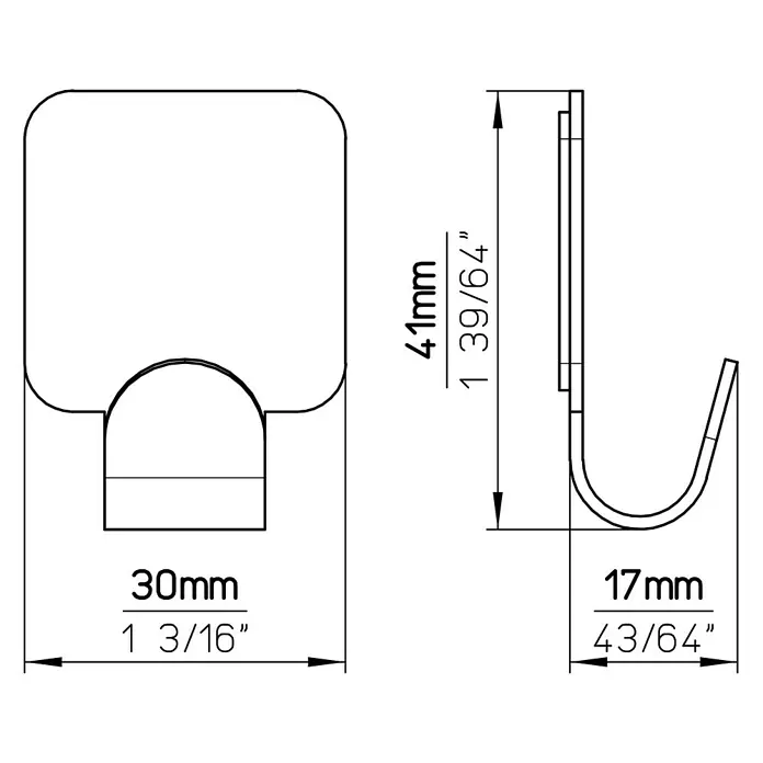 Siro Handtuchhaken 2178/ZN1K - L x B x H: 30 x 41 x 16 mm, Anzahl Haken: 1 Stk., Verchromt poliert - Darstellung eines Wandhakens mit den Maßen 30mm Breite, 41mm Höhe und 17mm Tiefe.