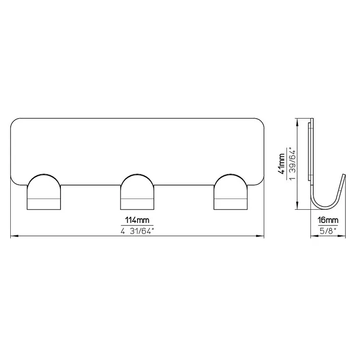 Siro Hakenleiste 2178-156ZN4KV1S - L x H: 114 x 16 mm, Anzahl Haken: 3 Stk., Verchromt poliert - Technische Zeichnung eines dreifachen Kleiderhakens mit Maßangaben.